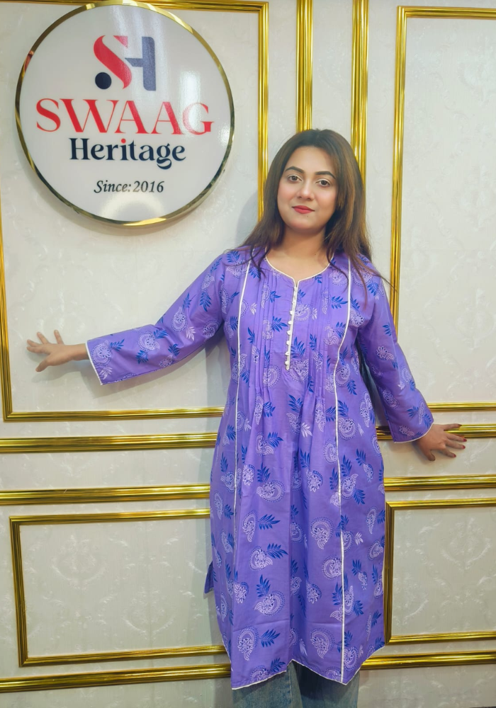 Lavender Floral Printed Long 1piece pocket kurti - Image 6