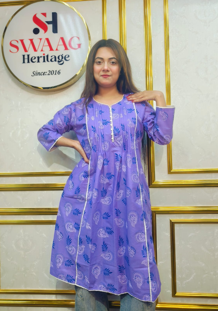 Lavender Floral Printed Long 1piece pocket kurti - Image 5