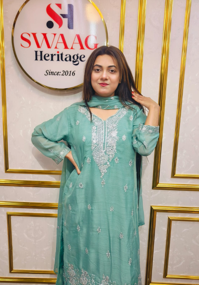 Premium Zari Embroidered chiffon Georgette 3 Piece Dress | SWAAG Heritage - Image 3