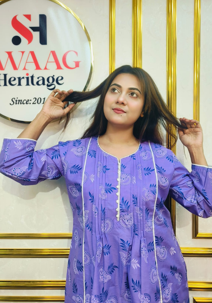 Lavender Floral Printed Long 1piece pocket kurti - Image 4