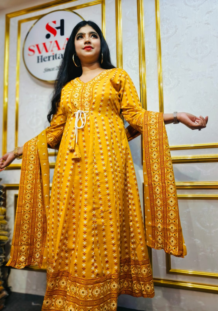 Mustard Yellow Printed Anarkali Kurti Set with Dupatta - Image 2
