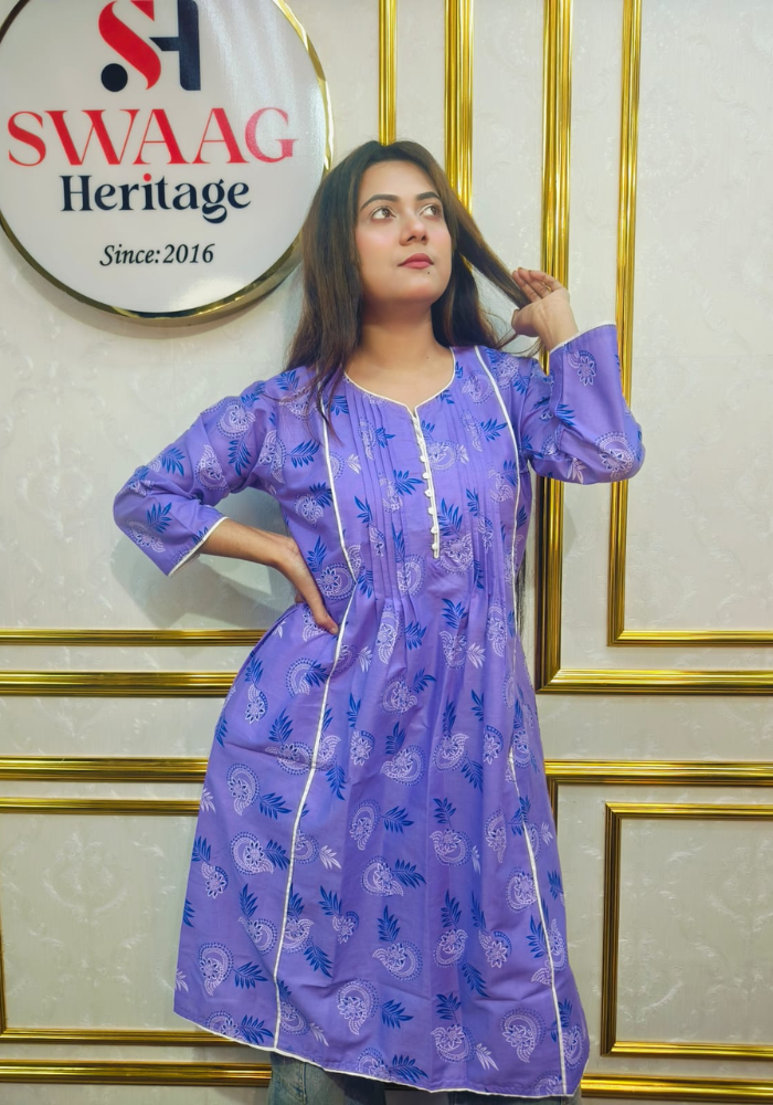 Lavender Floral Printed Long 1piece pocket kurti - Image 3
