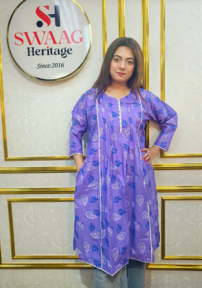 Lavender Floral Printed Long 1piece pocket kurti - Image 2