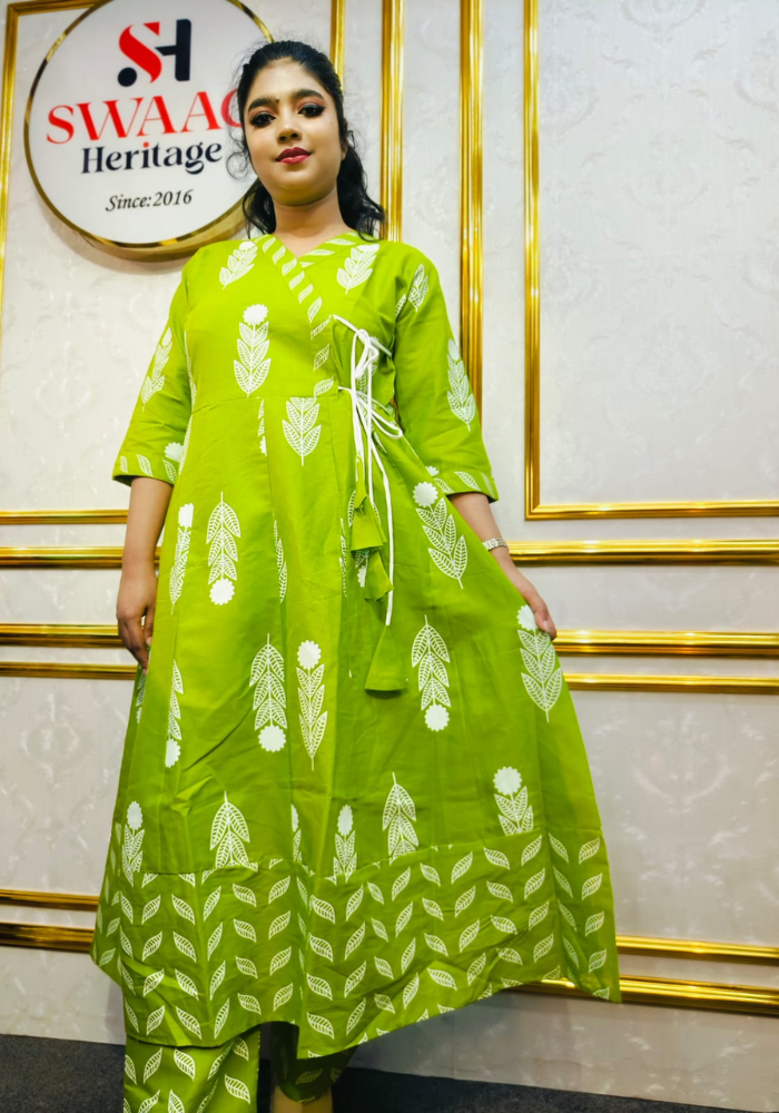 Lime Leaf Print Cotton Long Kurti Anarkoli Set - Image 3