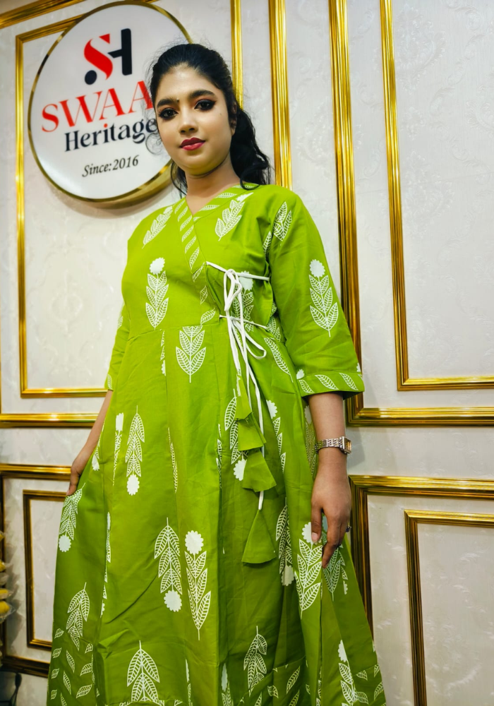 Lime Leaf Print Cotton Long Kurti Anarkoli Set - Image 2
