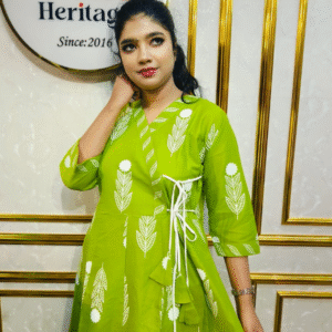 Lime Leaf Print Cotton Long Kurti Anarkoli Set
