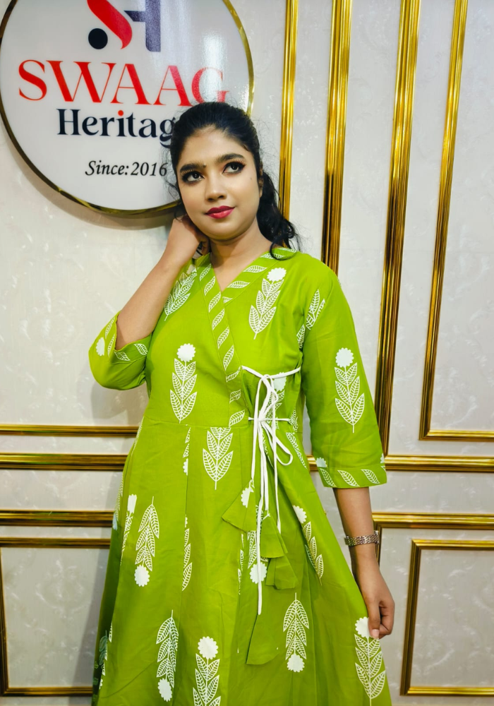 Lime Leaf Print Cotton Long Kurti Anarkoli Set
