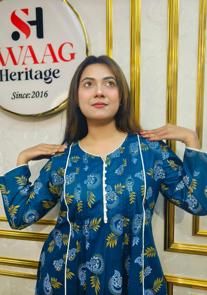 Teal Blue Floral Printed Long 1piece pocket kurti - Image 6