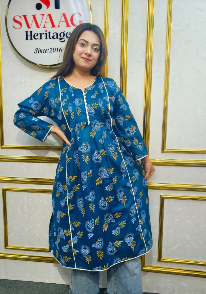 Teal Blue Floral Printed Long 1piece pocket kurti - Image 5