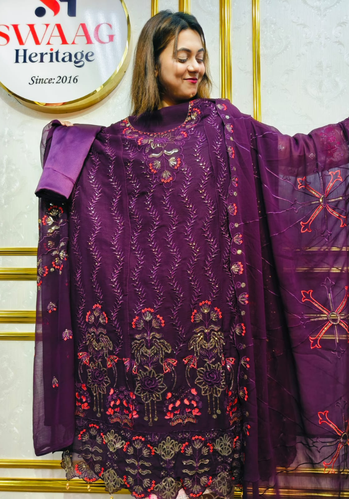 Premium Zari Embroidered chiffon Georgette 3 Piece Unstitched Dress - Image 4