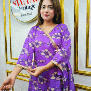 lavender Floral Angrakha Two Piece Dress in Pure Cotton