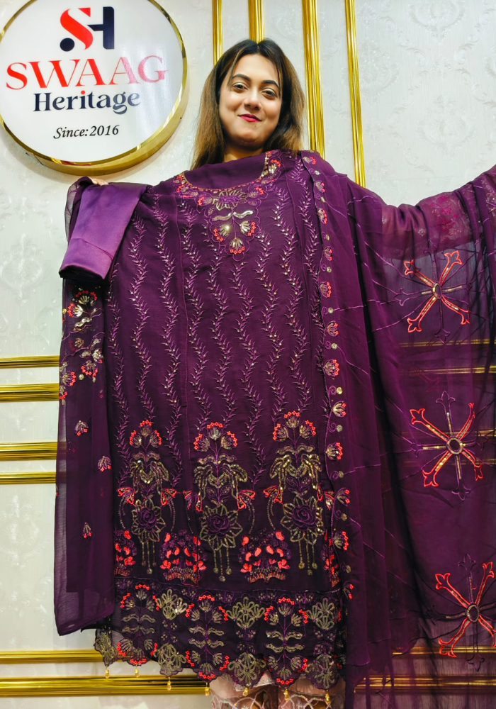 Premium Zari Embroidered chiffon Georgette 3 Piece Unstitched Dress - Image 3