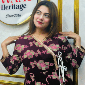 Royal Plum Floral Angrakha Two Piece Dress in Pure Cotton