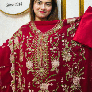 Royal maroon Embroidered Three-Piece unstitched Dress