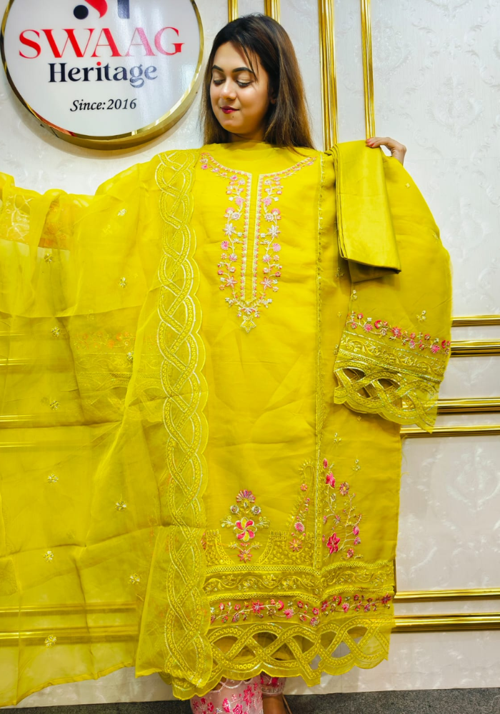 Premium Zari Embroidered organza 3 Piece Unstitched Dress - Image 3