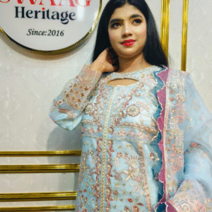 Pakistani inspired Elegant Sky Blue Organza Embroidered Suit