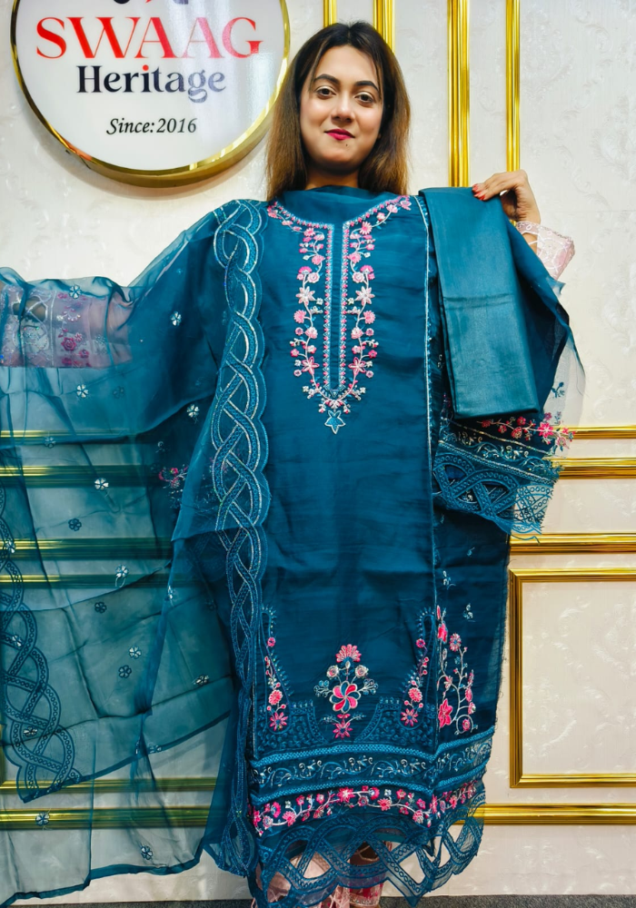 Premium Zari Embroidered organza 3 Piece Unstitched Dress - Image 3