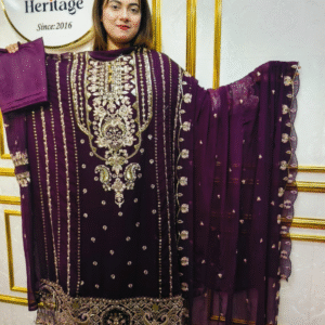Deep purple Embroidered Three-Piece unstitched Dress