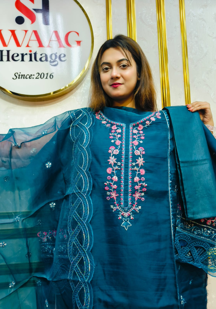 Premium Zari Embroidered organza 3 Piece Unstitched Dress - Image 2