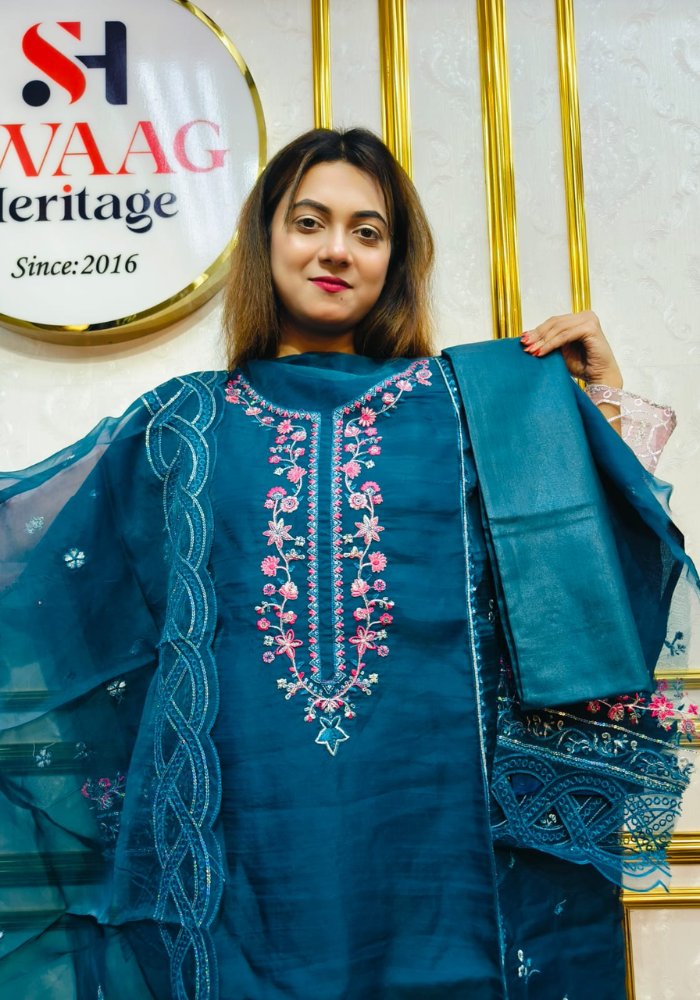 Premium Zari Embroidered organza 3 Piece Unstitched Dress