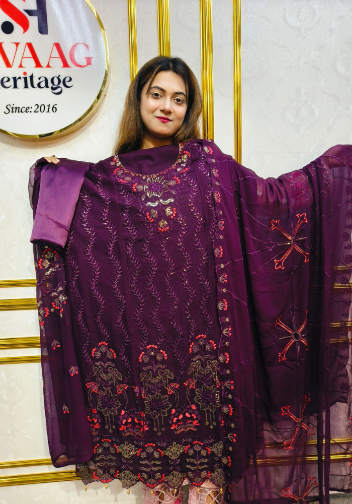 Premium Zari Embroidered chiffon Georgette 3 Piece Unstitched Dress - Image 5