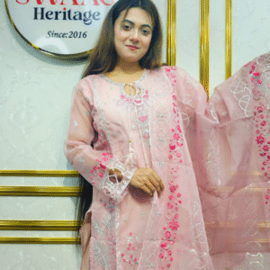 Baby pink Blush Coral Embroidered Organza 3-Piece Set