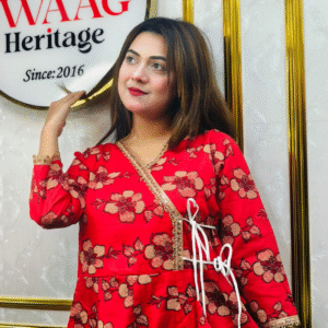 Red Floral Angrakha Two Piece Dress in Pure Cotton