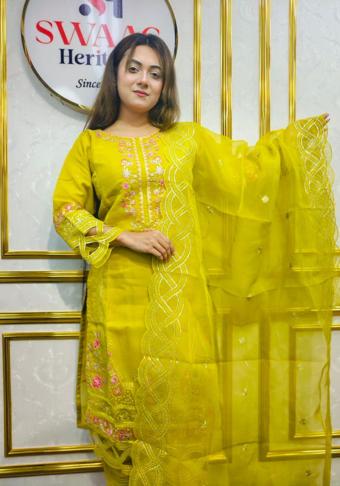 Blush Lemon yellow Coral Embroidered Organza 3-Piece Set - Image 5