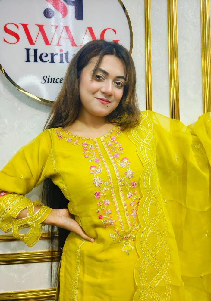 Blush Lemon yellow Coral Embroidered Organza 3-Piece Set