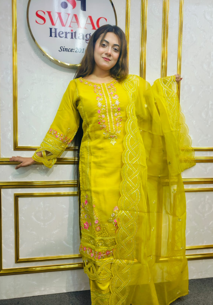 Blush Lemon yellow Coral Embroidered Organza 3-Piece Set - Image 4