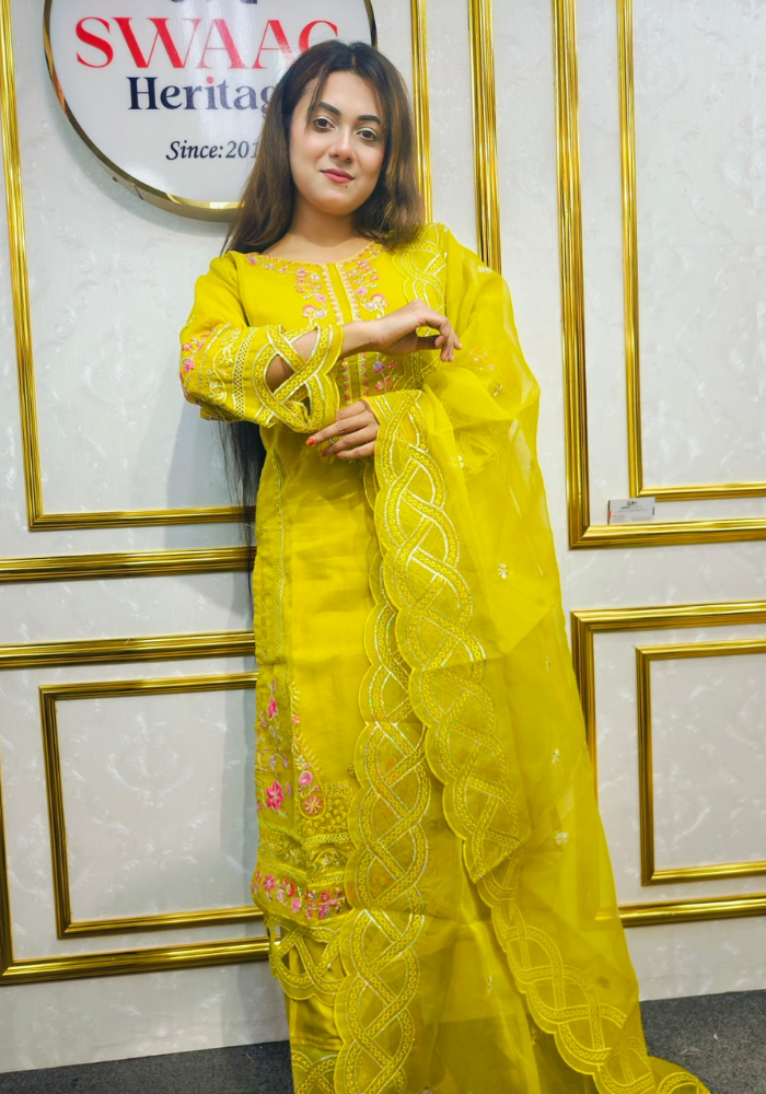 Blush Lemon yellow Coral Embroidered Organza 3-Piece Set - Image 3