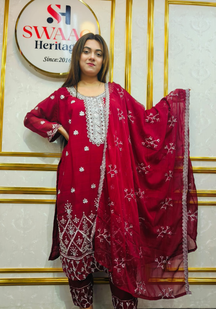 Premium Zari Embroidered chiffon Georgette 3 Piece Dress | SWAAG Heritage - Image 6