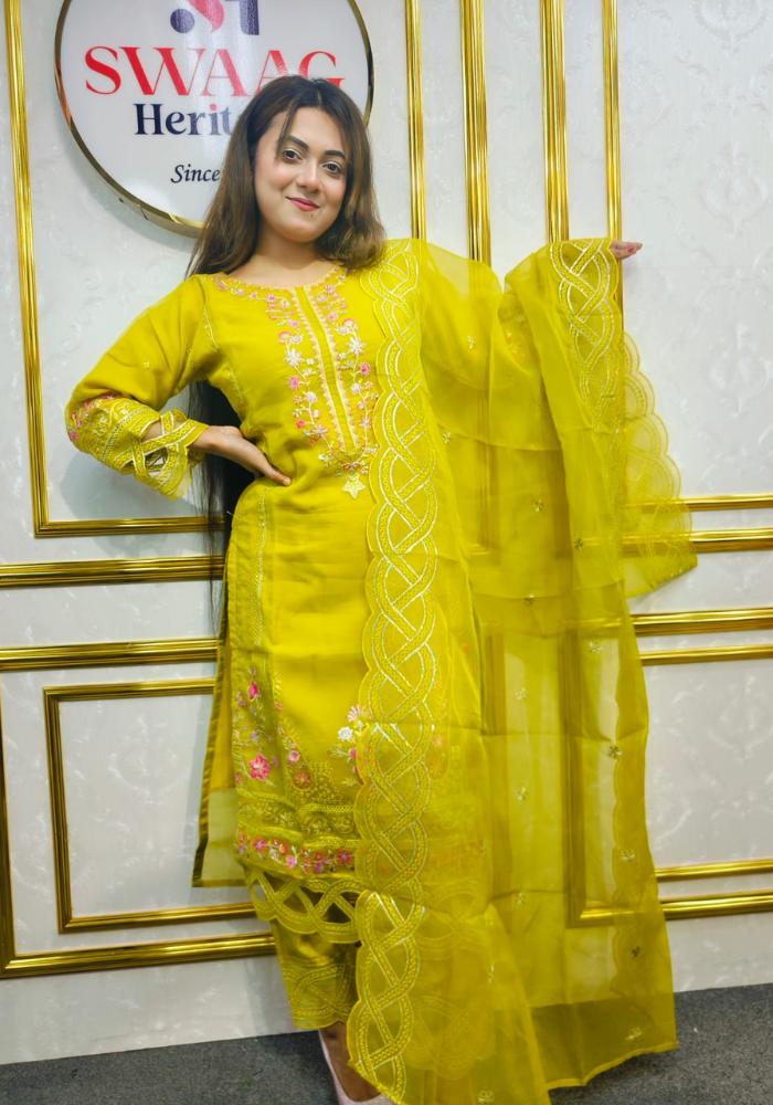 Blush Lemon yellow Coral Embroidered Organza 3-Piece Set - Image 2