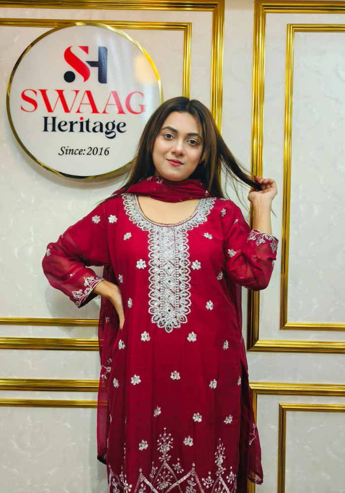 Premium Zari Embroidered chiffon Georgette 3 Piece Dress | SWAAG Heritage
