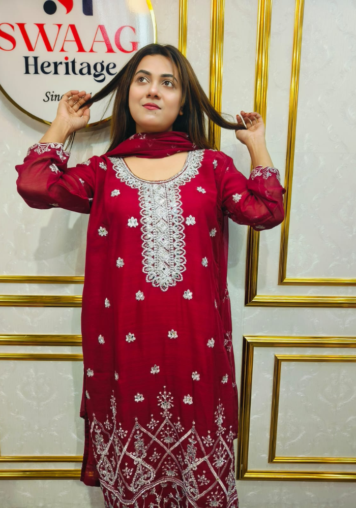 Premium Zari Embroidered chiffon Georgette 3 Piece Dress | SWAAG Heritage - Image 3