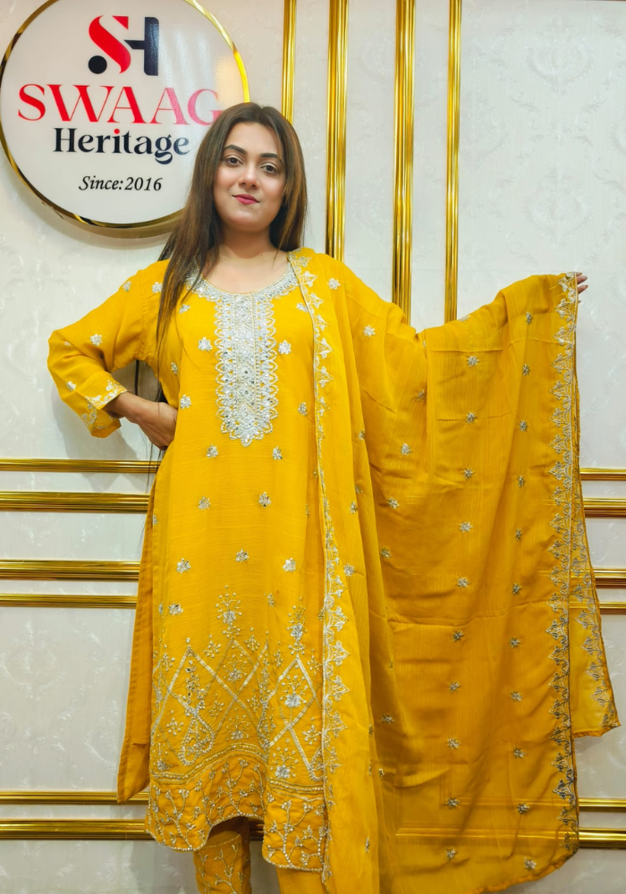 Premium Zari Embroidered chiffon Georgette 3 Piece Dress with stone - Image 3