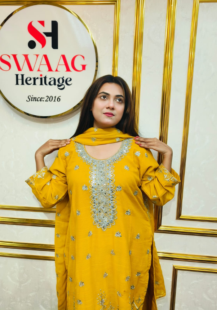 Premium Zari Embroidered chiffon Georgette 3 Piece Dress with stone