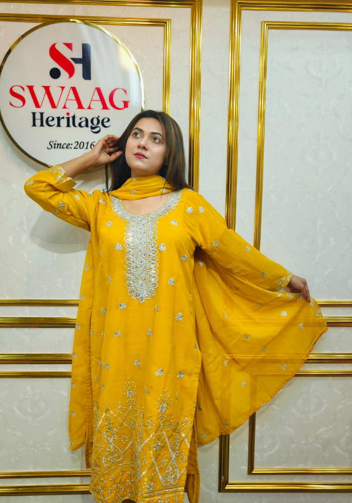 Premium Zari Embroidered chiffon Georgette 3 Piece Dress with stone - Image 5