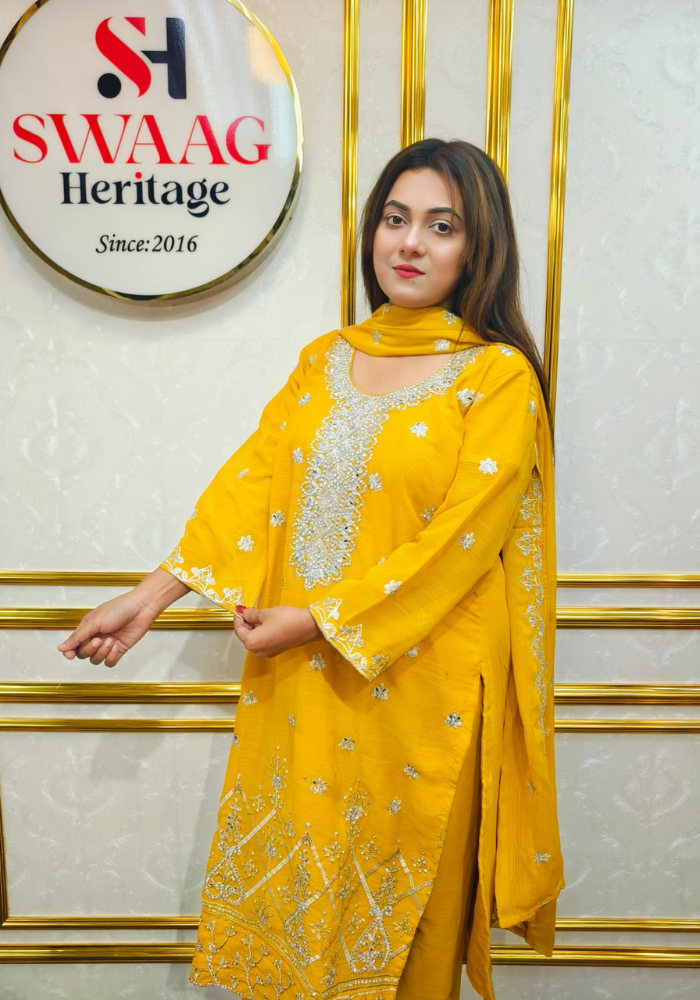 Premium Zari Embroidered chiffon Georgette 3 Piece Dress with stone - Image 8