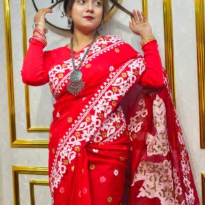 Red jamdani motif saree with unstitched blouse piece By Swaag Heritage
